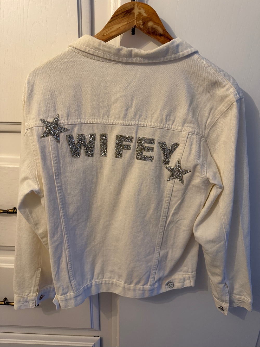 Wifey Embellished White Denim Jacket